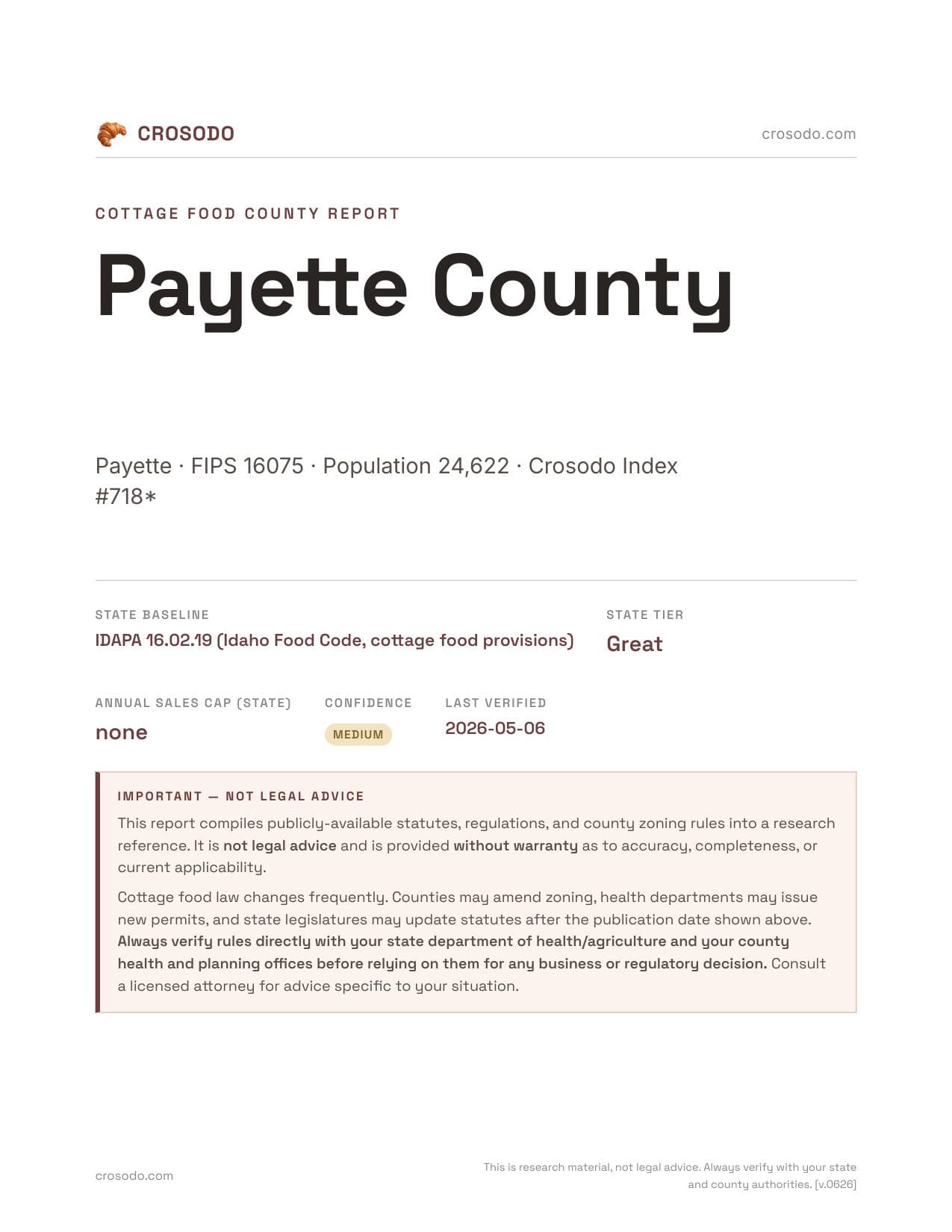 Cover of Payette County county cottage food report