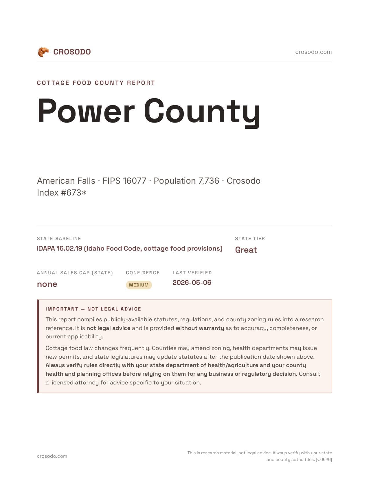 Cover of Power County county cottage food report