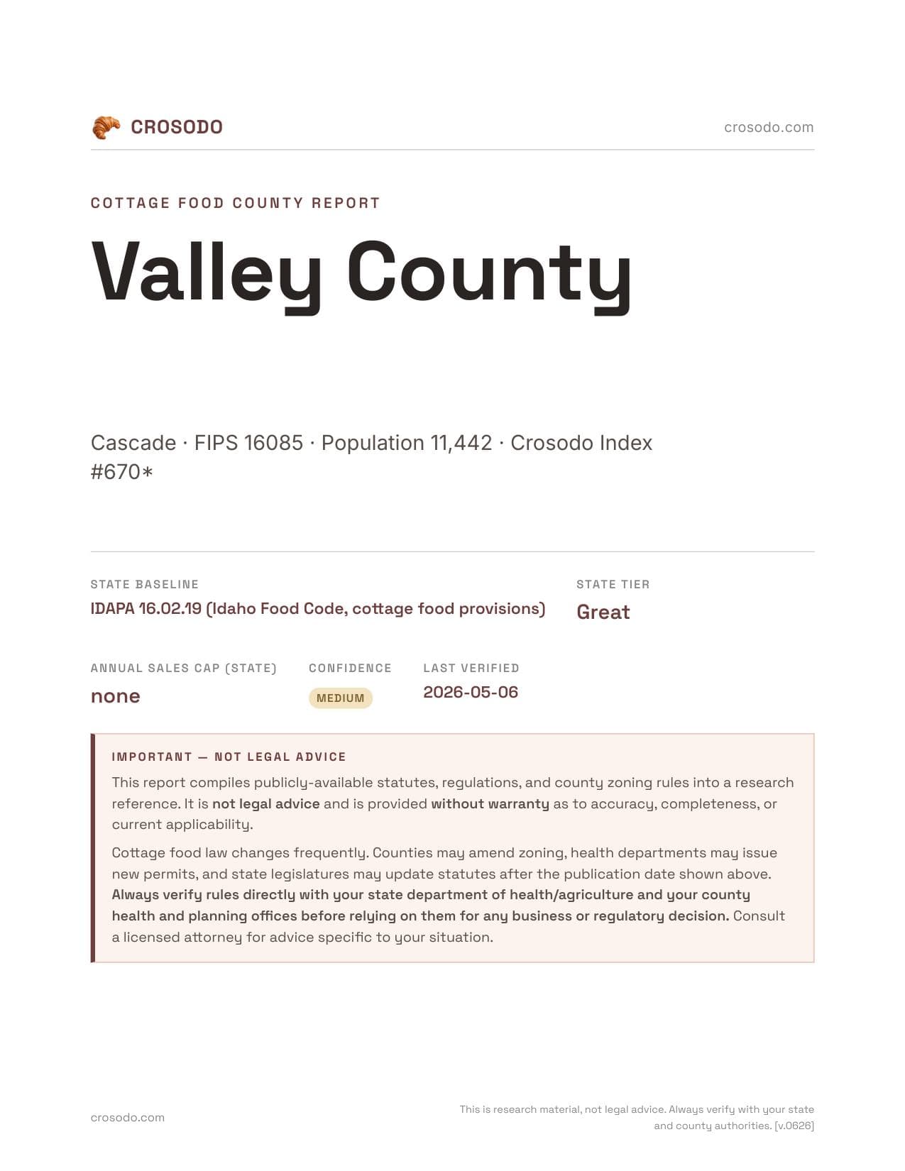 Cover of Valley County county cottage food report