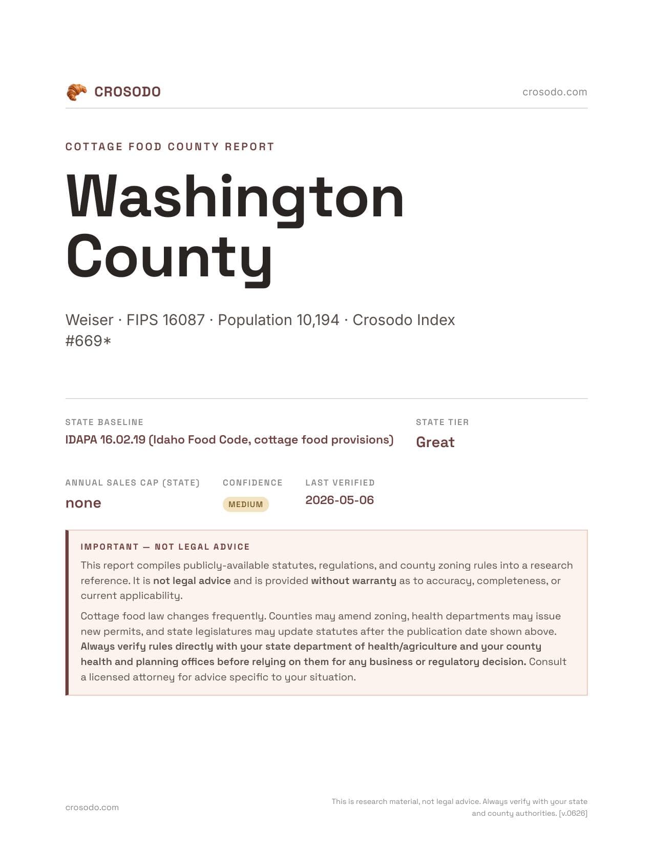 Cover of Washington County county cottage food report