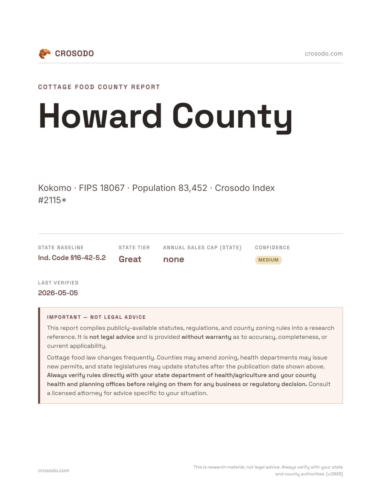 Cover of Howard County county cottage food report