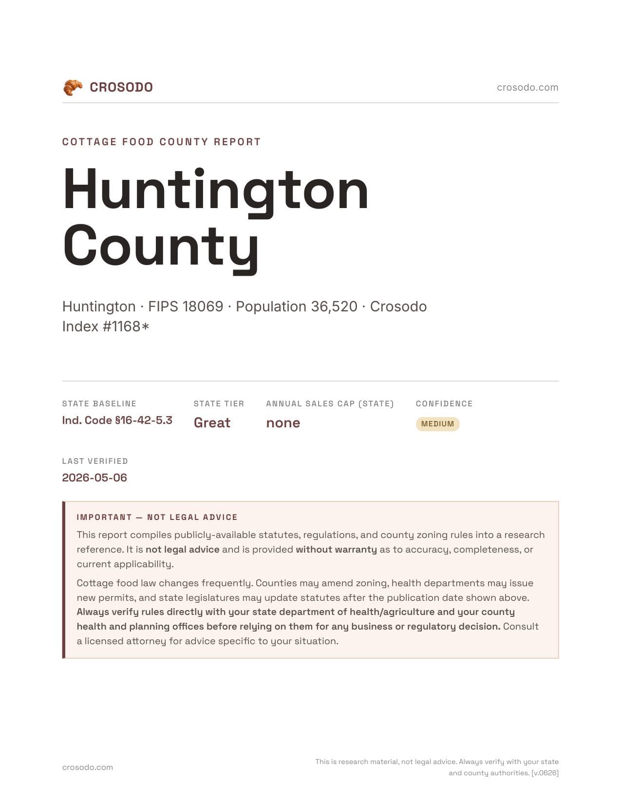Cover of Huntington County county cottage food report