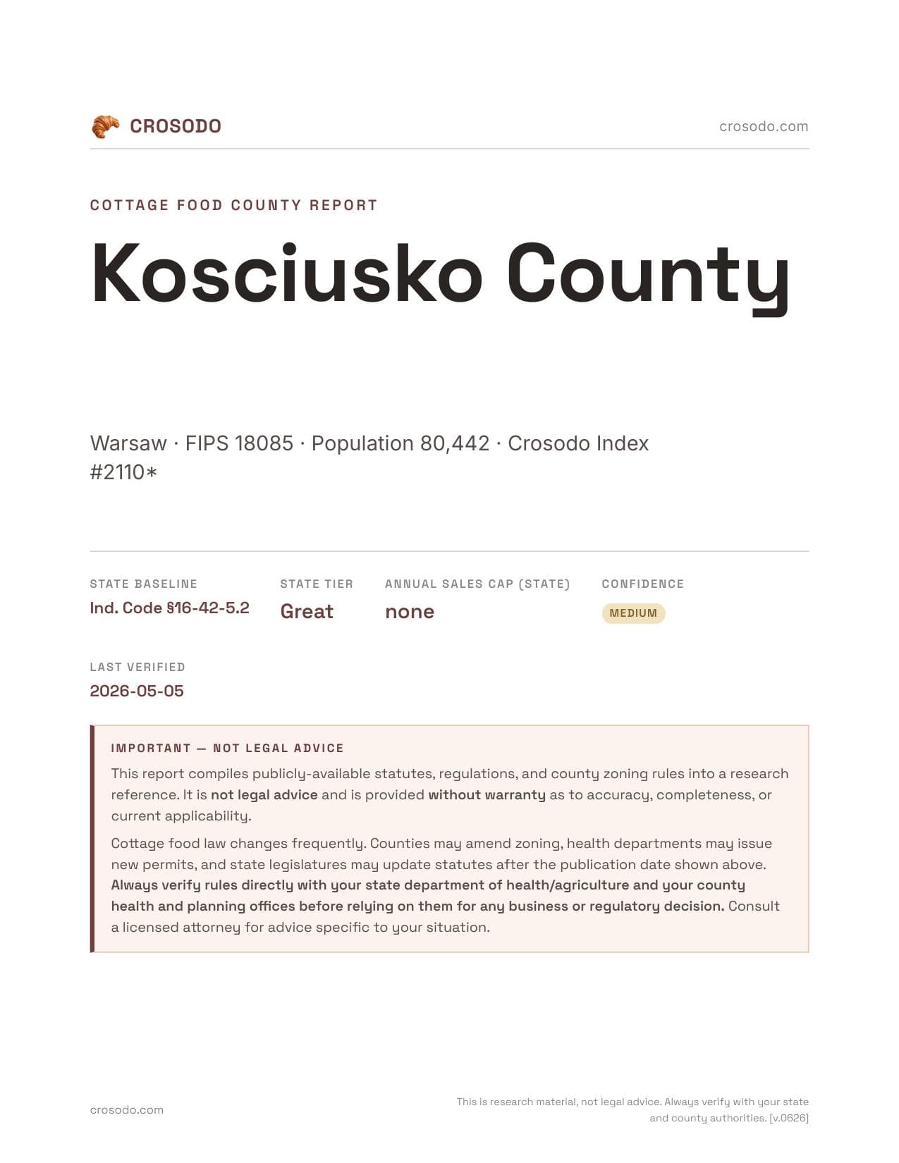 Cover of Kosciusko County county cottage food report