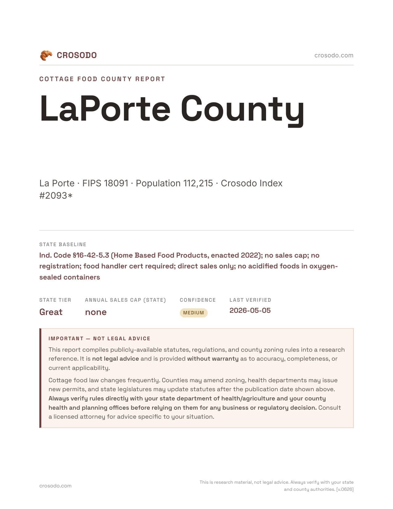 Cover of LaPorte County county cottage food report
