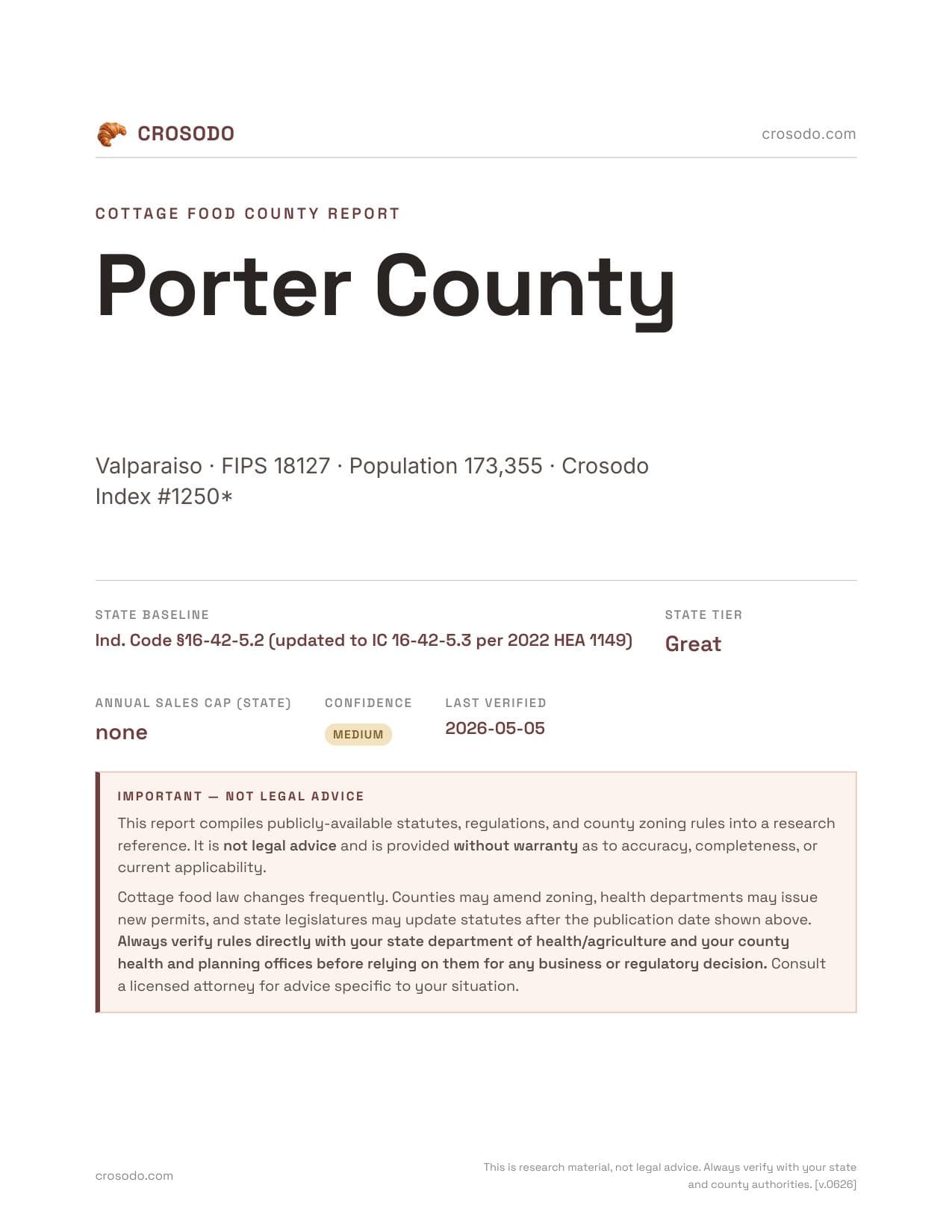 Cover of Porter County county cottage food report