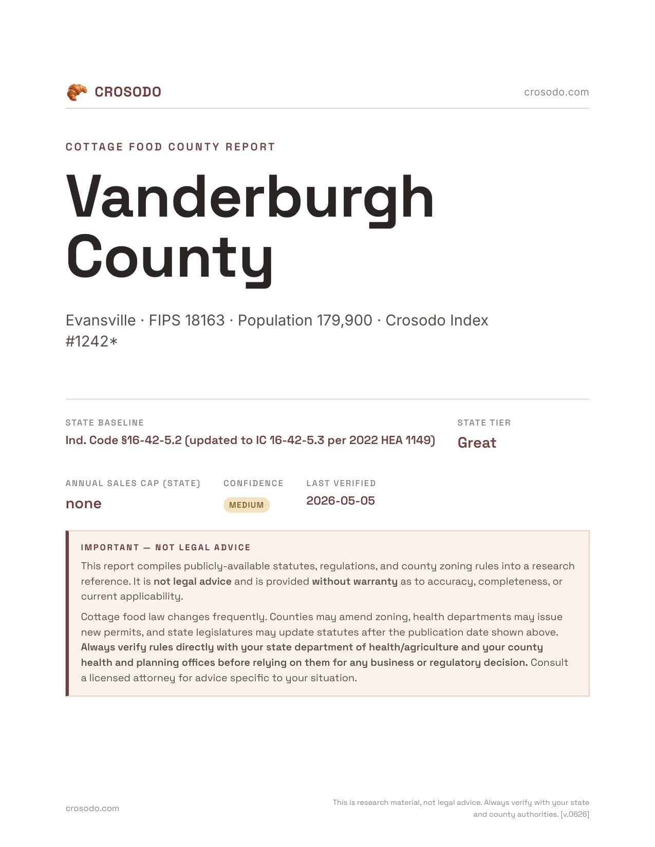 Cover of Vanderburgh County county cottage food report
