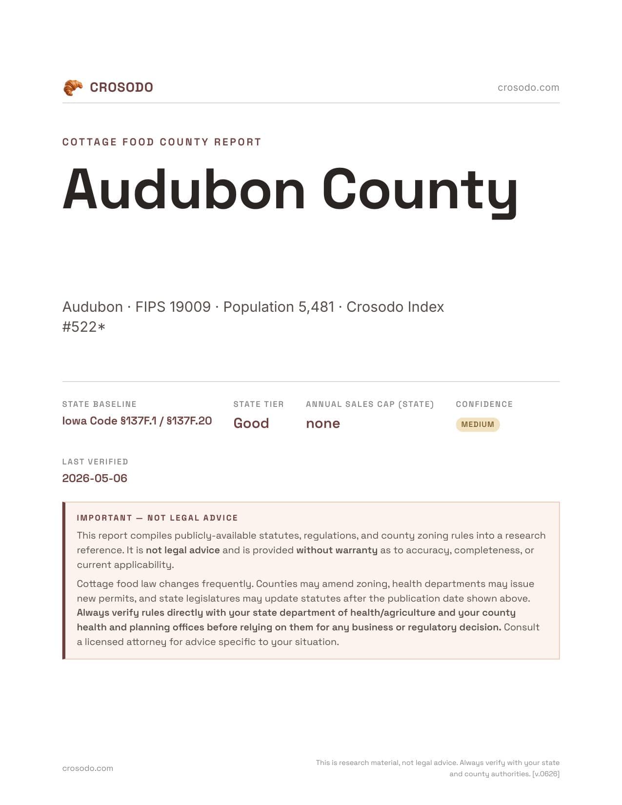 Cover of Audubon County county cottage food report