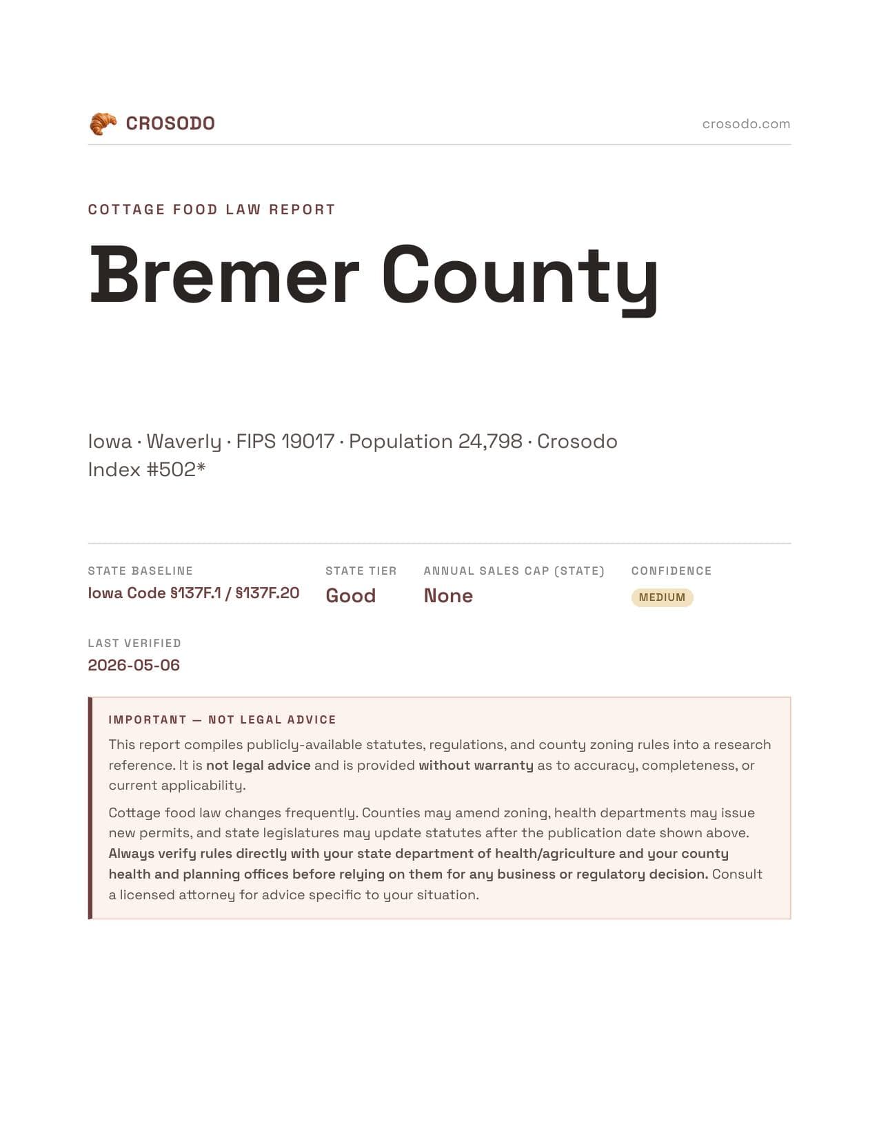 Cover of Bremer County county cottage food report