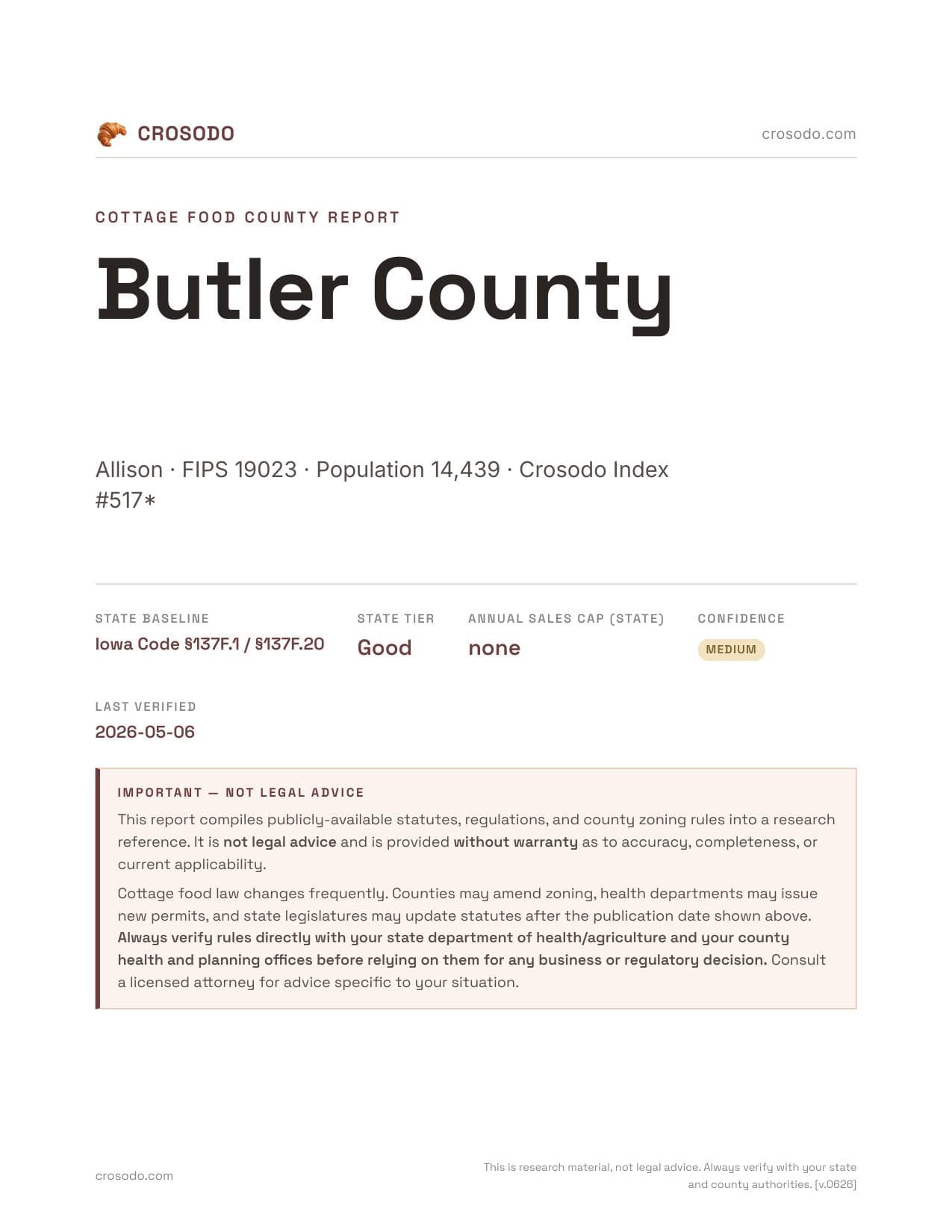 Cover of Butler County county cottage food report