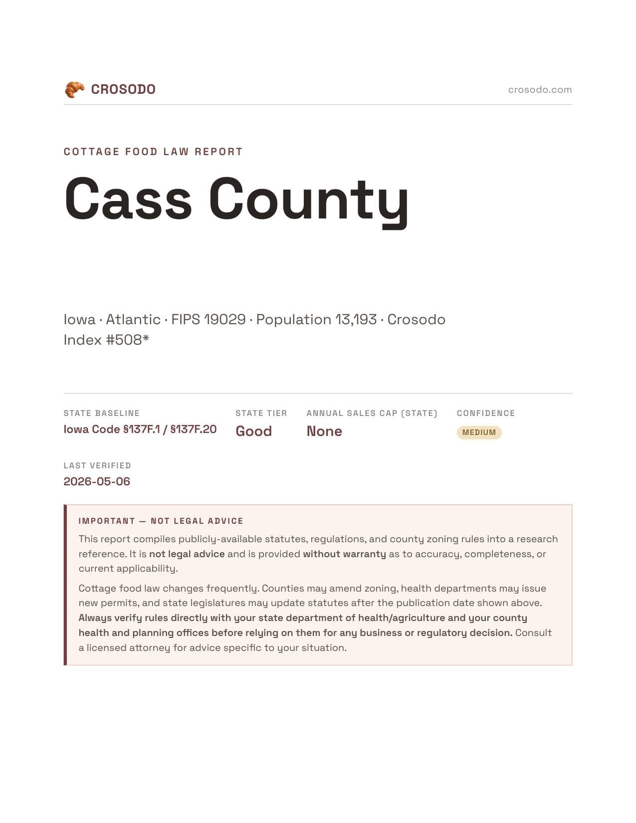Cover of Cass County county cottage food report