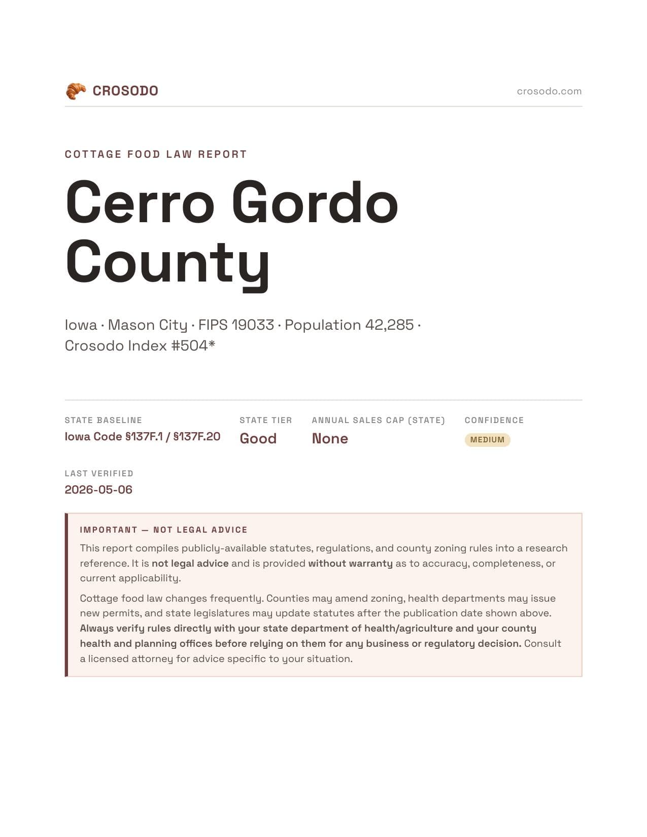 Cover of Cerro Gordo County county cottage food report