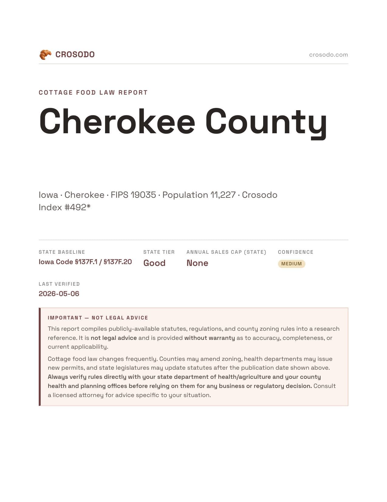 Cover of Cherokee County, Iowa cottage food report