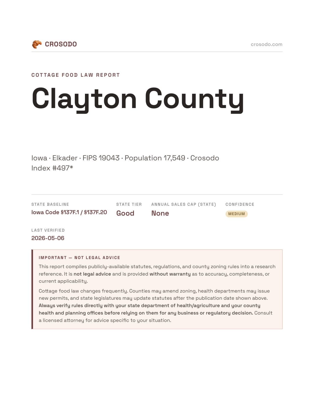 Cover of Clayton County county cottage food report
