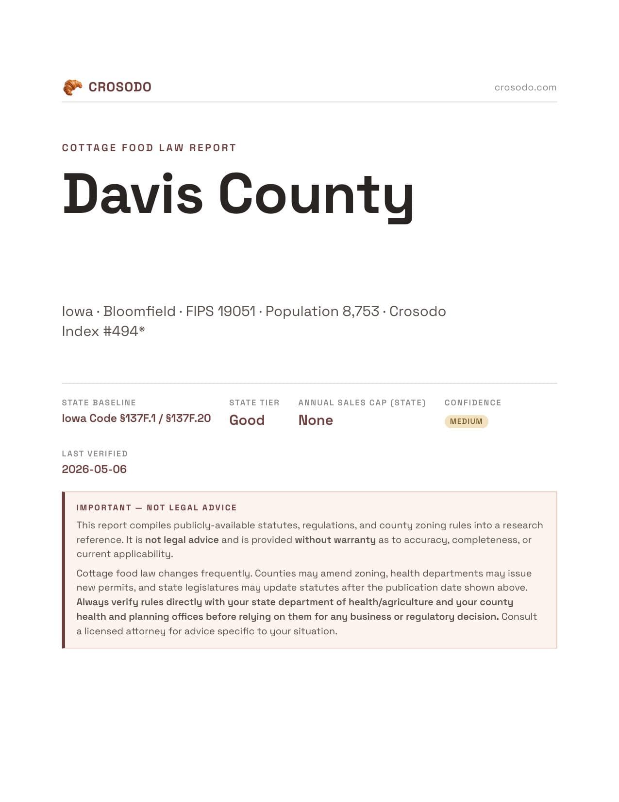 Cover of Davis County county cottage food report