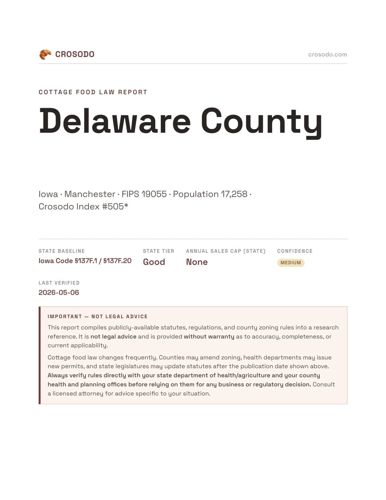 Cover of Delaware County county cottage food report