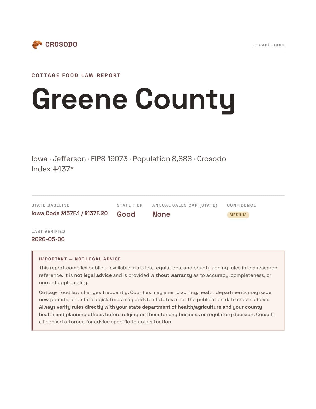 Cover of Greene County county cottage food report