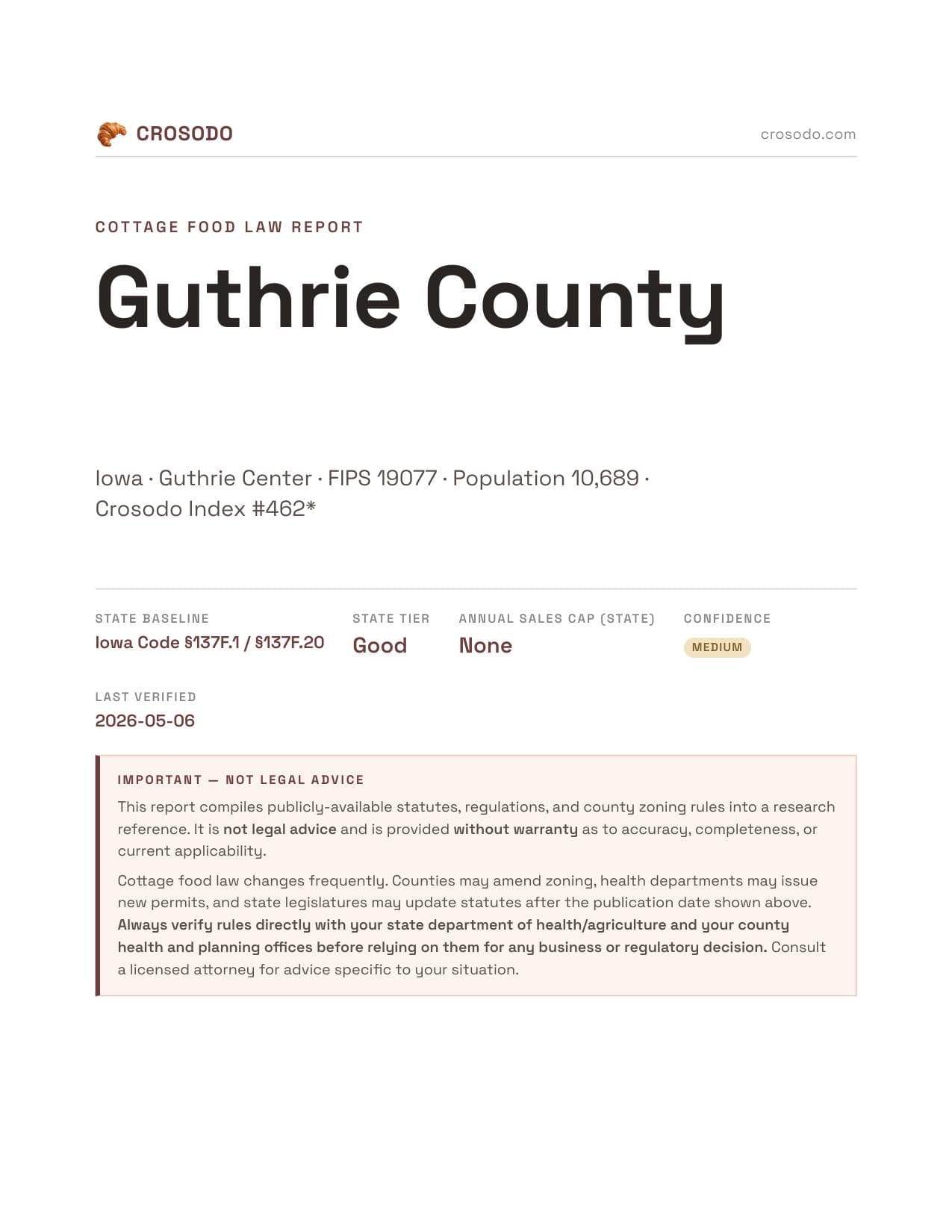 Cover of Guthrie County county cottage food report