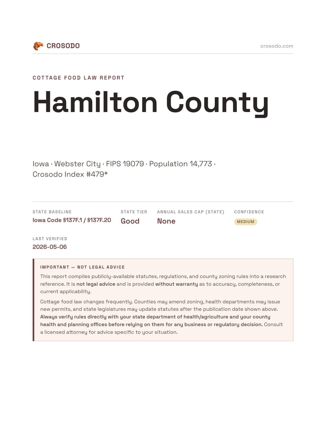 Cover of Hamilton County, Iowa cottage food report