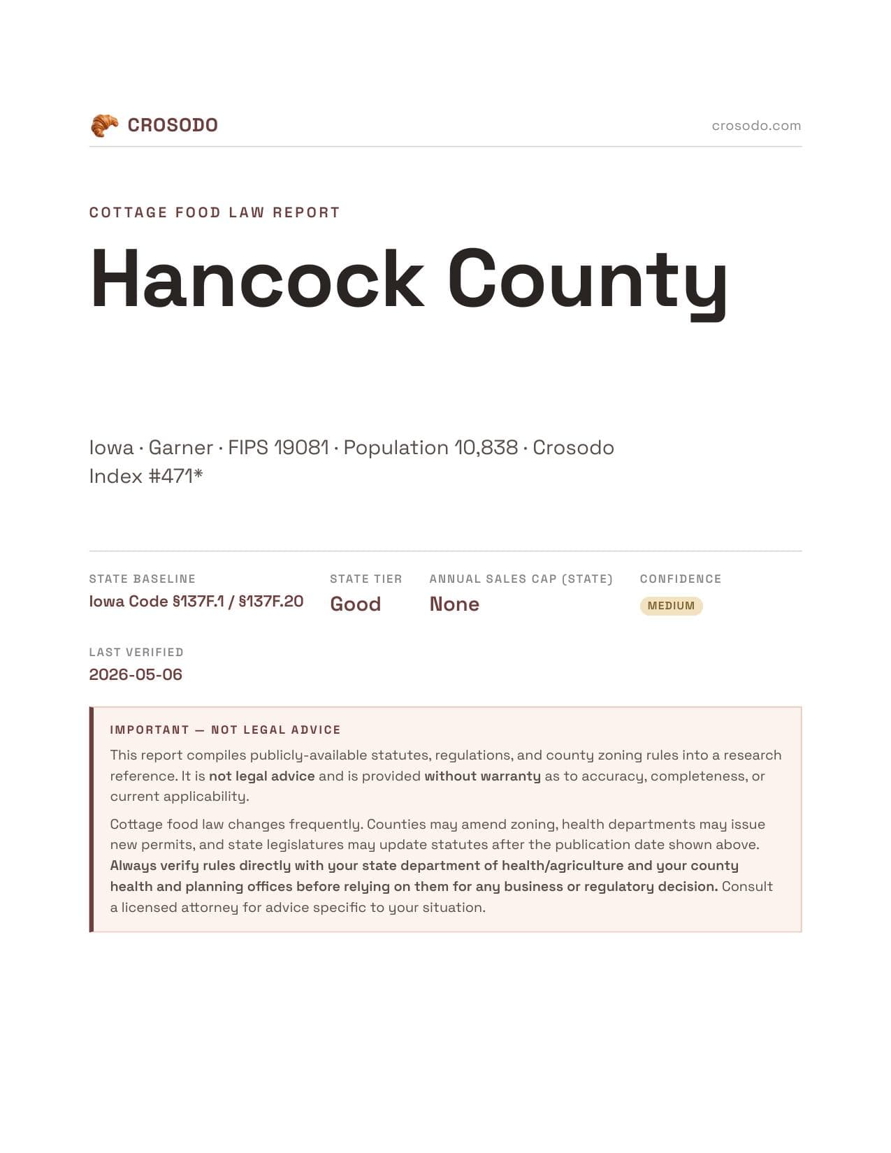 Cover of Hancock County county cottage food report