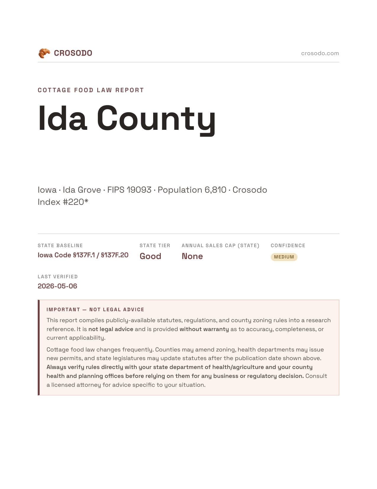 Cover of Ida County county cottage food report
