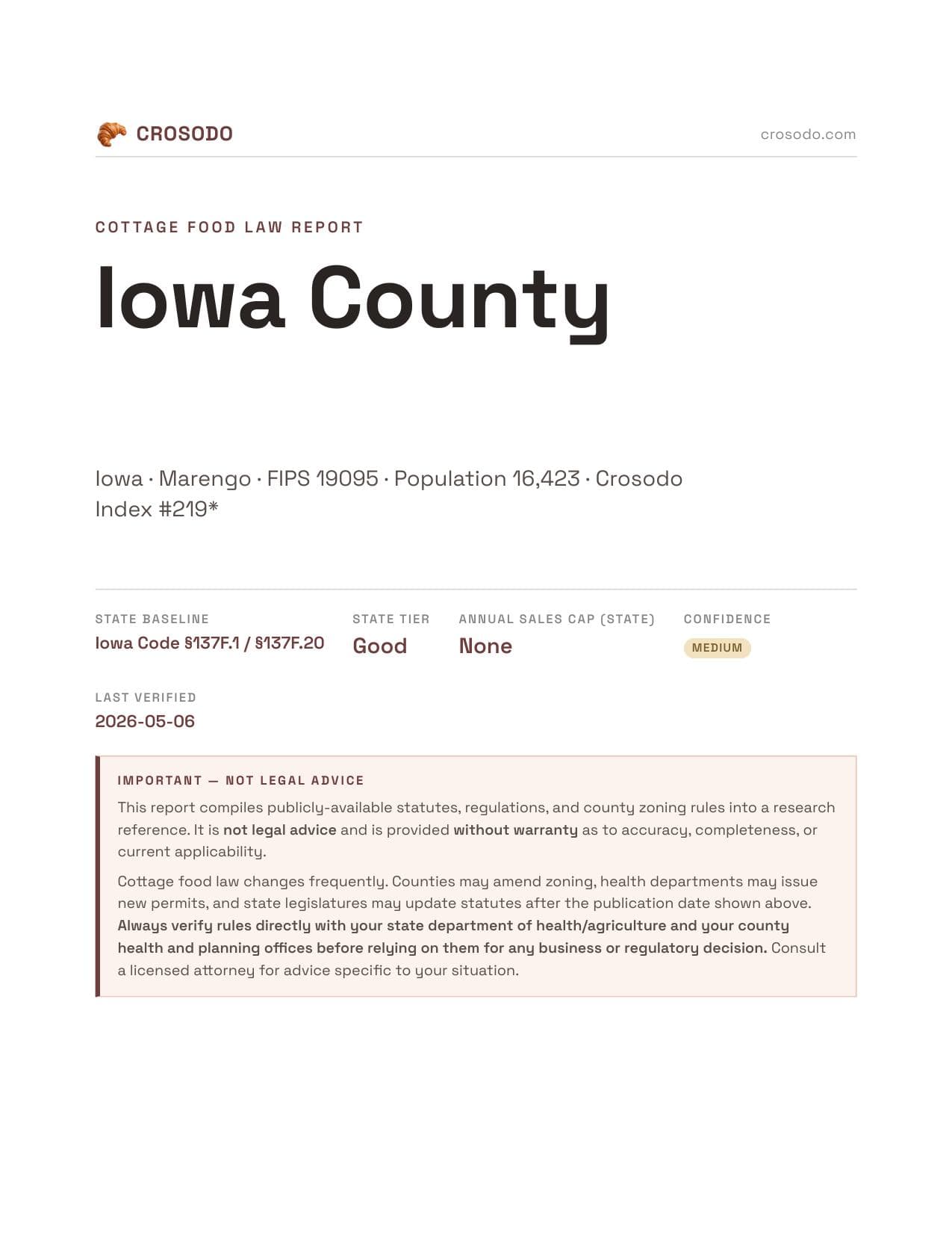 Cover of Iowa County county cottage food report