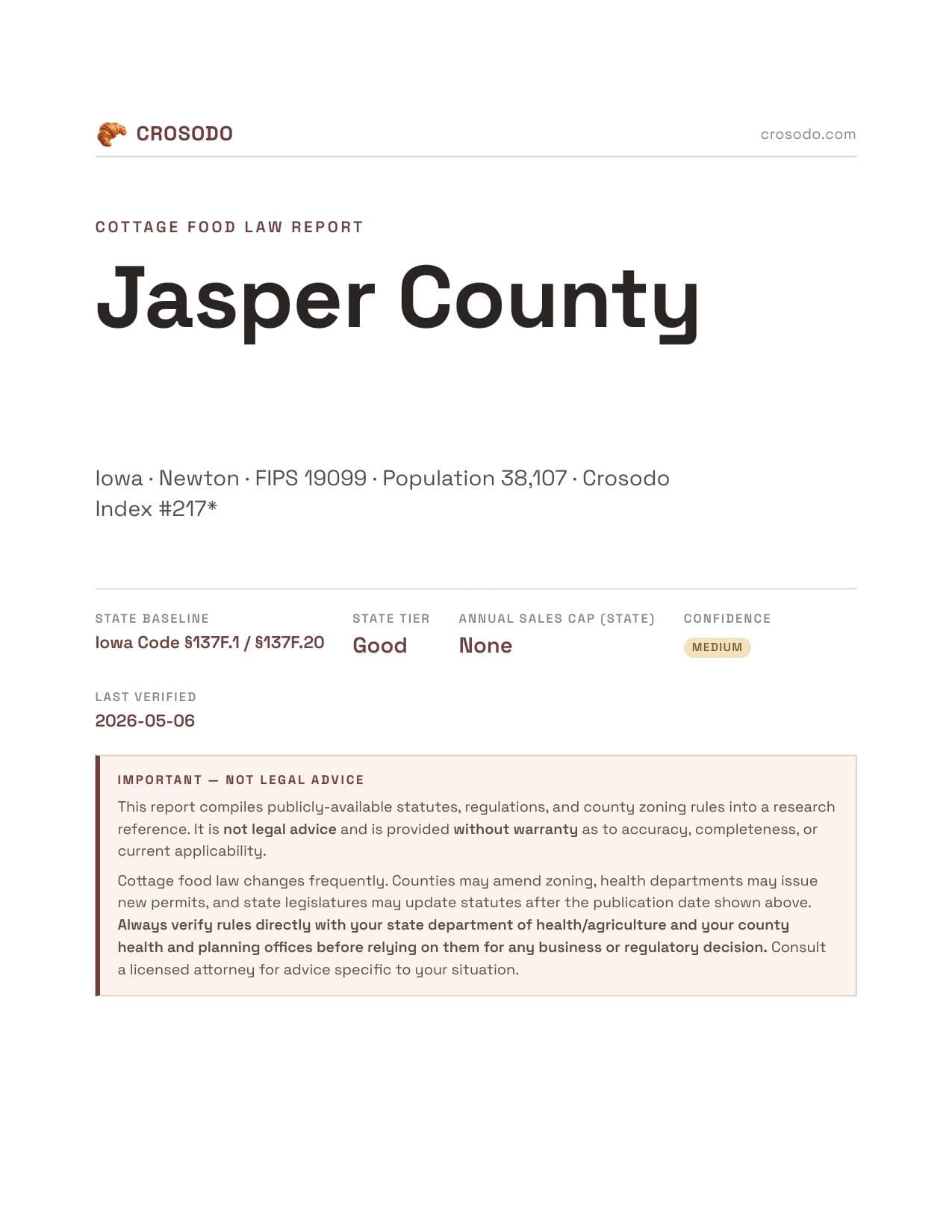 Cover of Jasper County county cottage food report