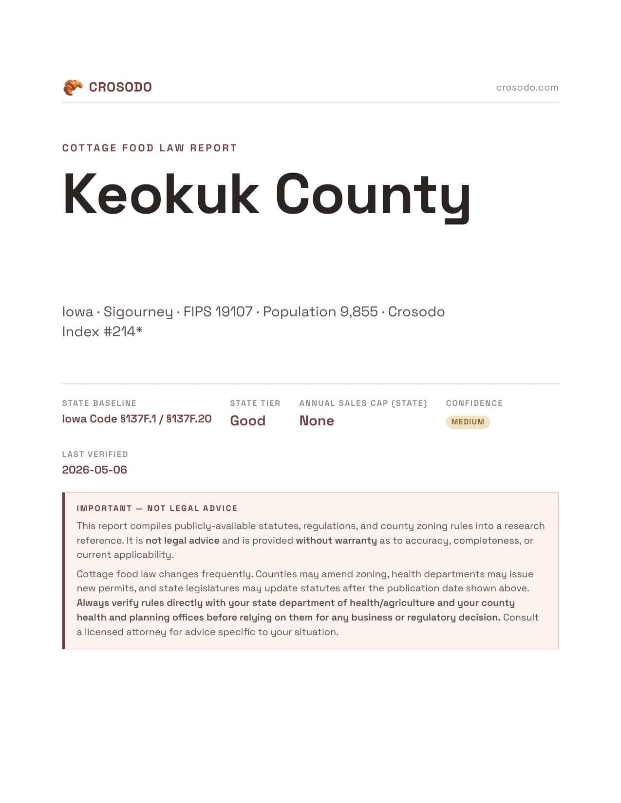Cover of Keokuk County county cottage food report