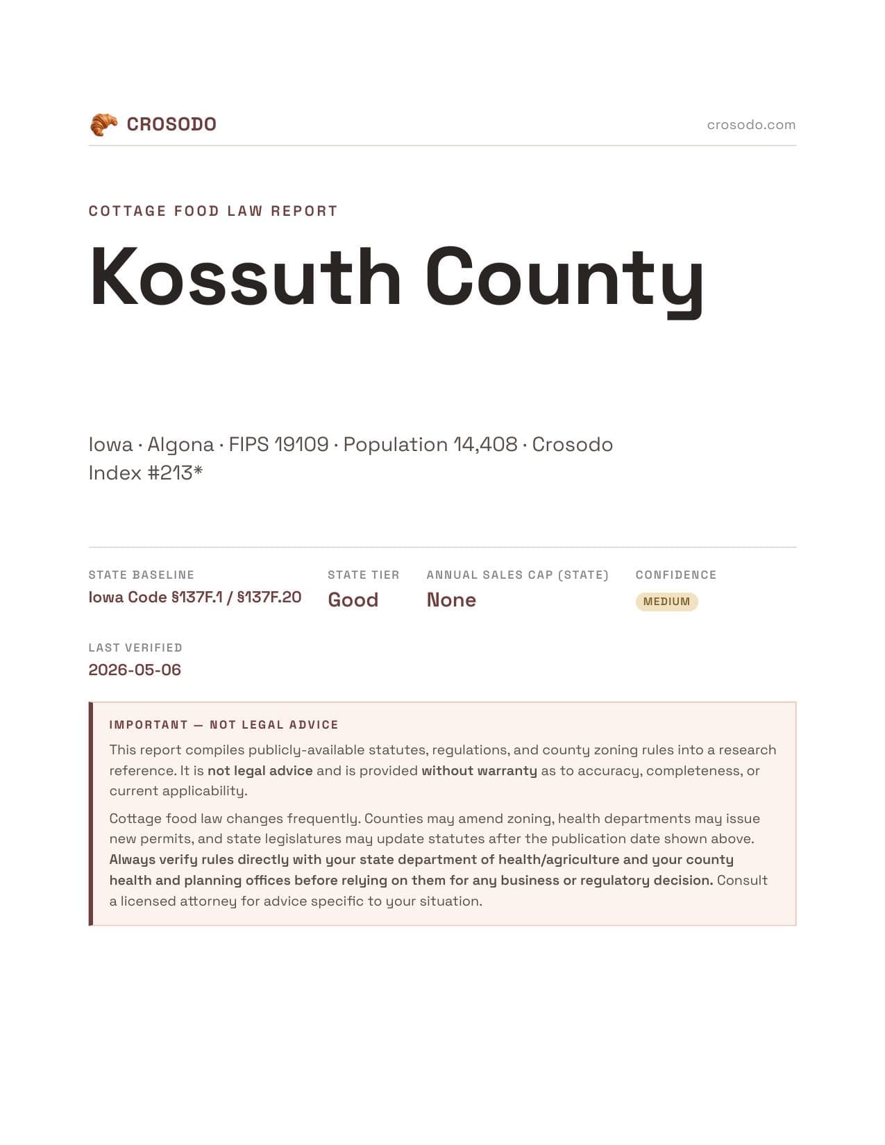 Cover of Kossuth County county cottage food report
