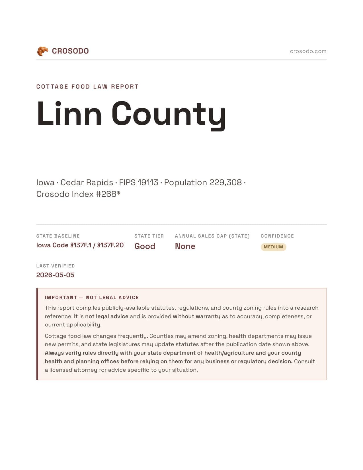 Cover of Linn County county cottage food report