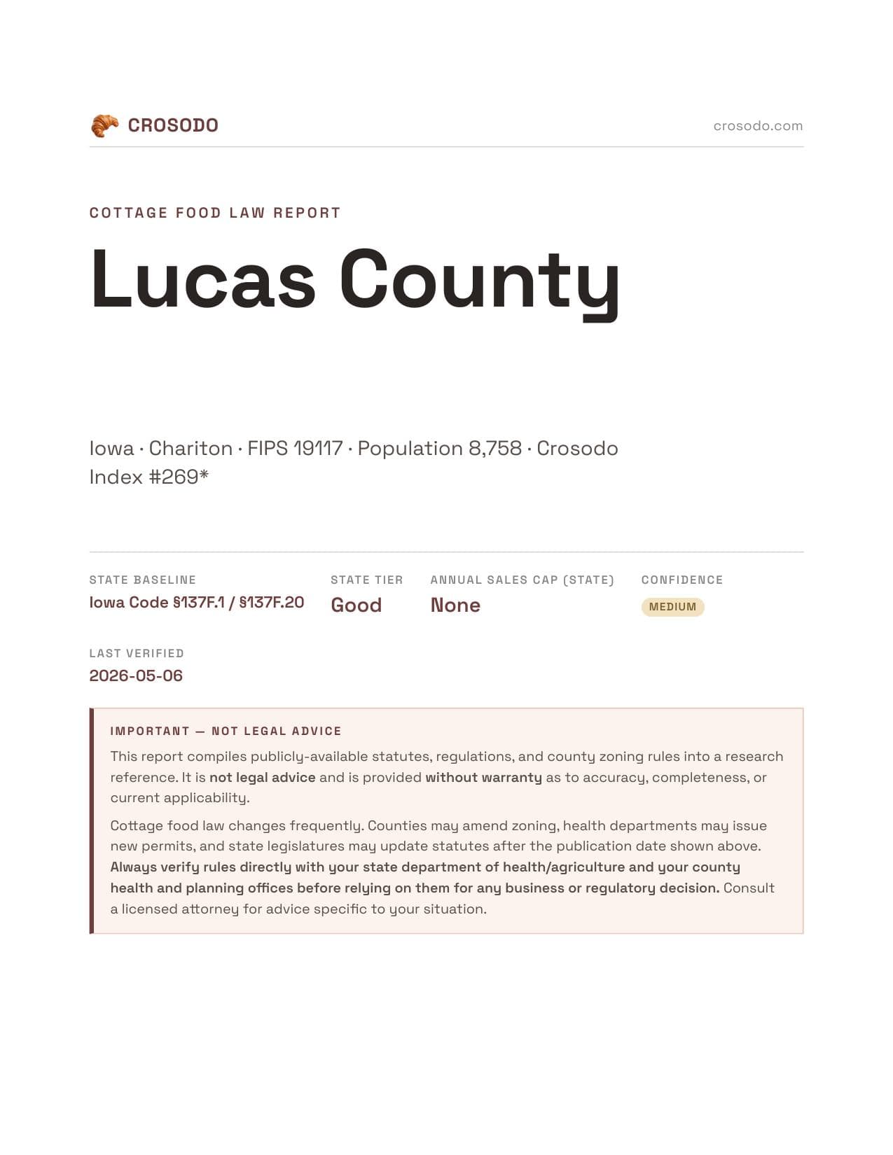 Cover of Lucas County county cottage food report