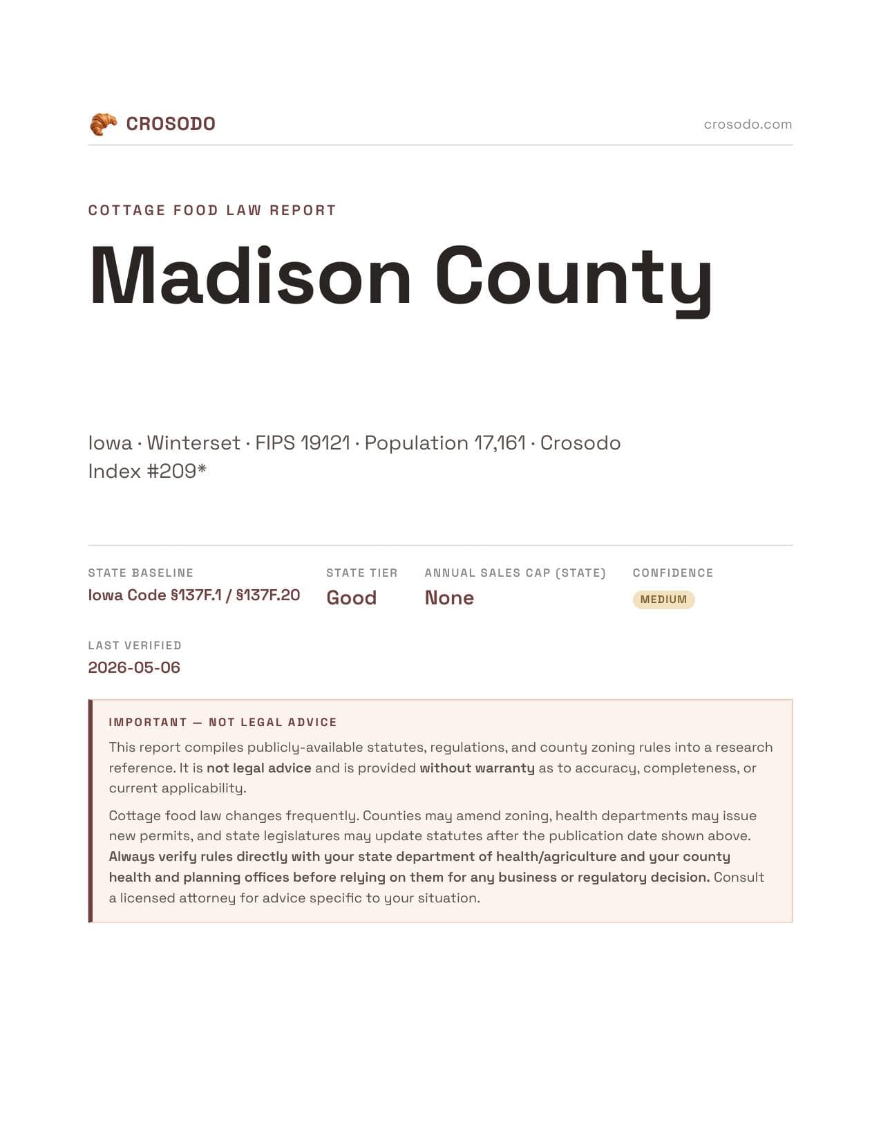 Cover of Madison County county cottage food report