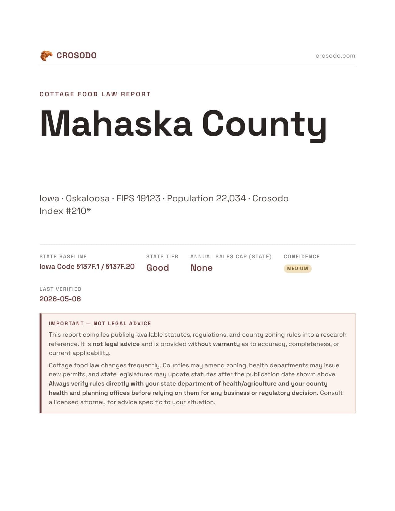 Cover of Mahaska County county cottage food report
