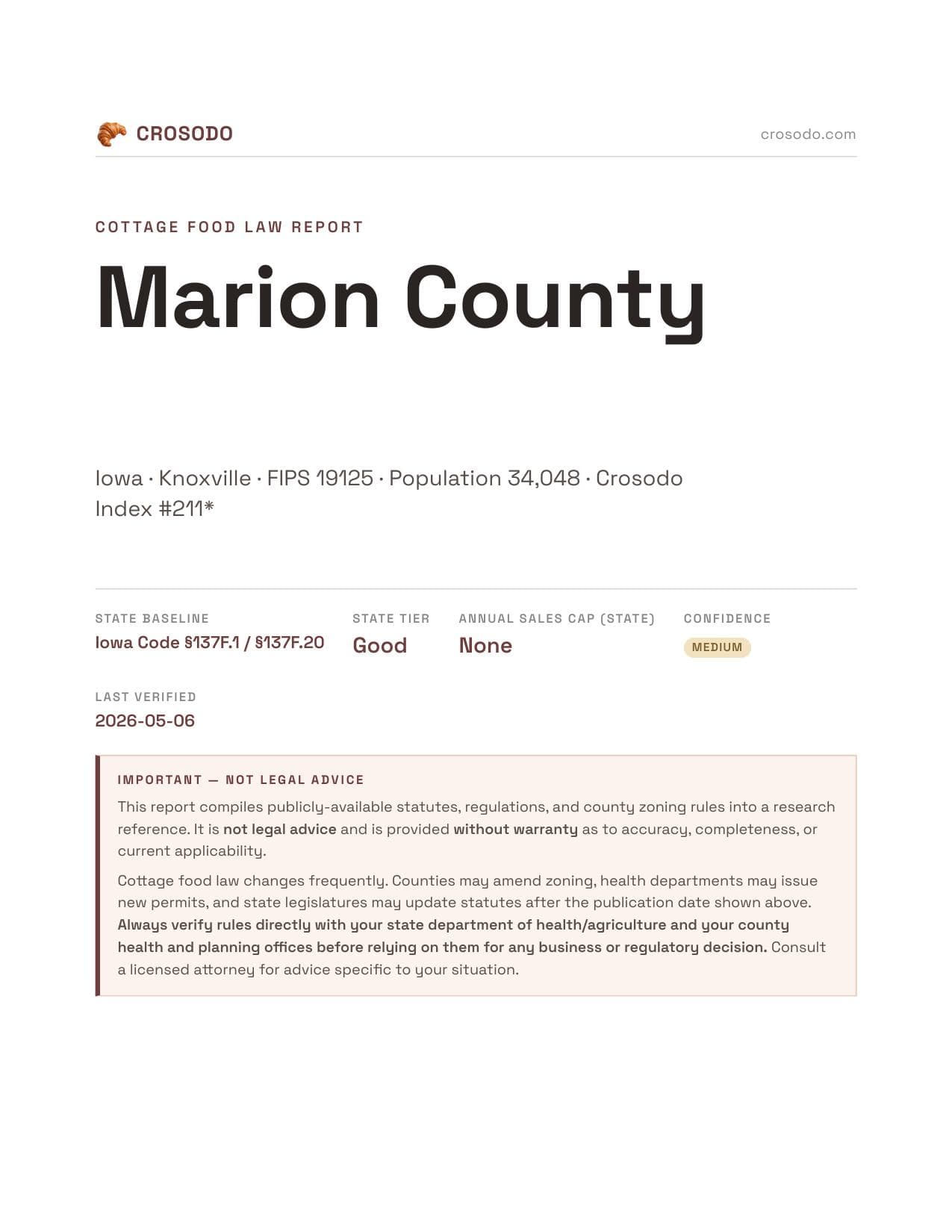 Cover of Marion County county cottage food report