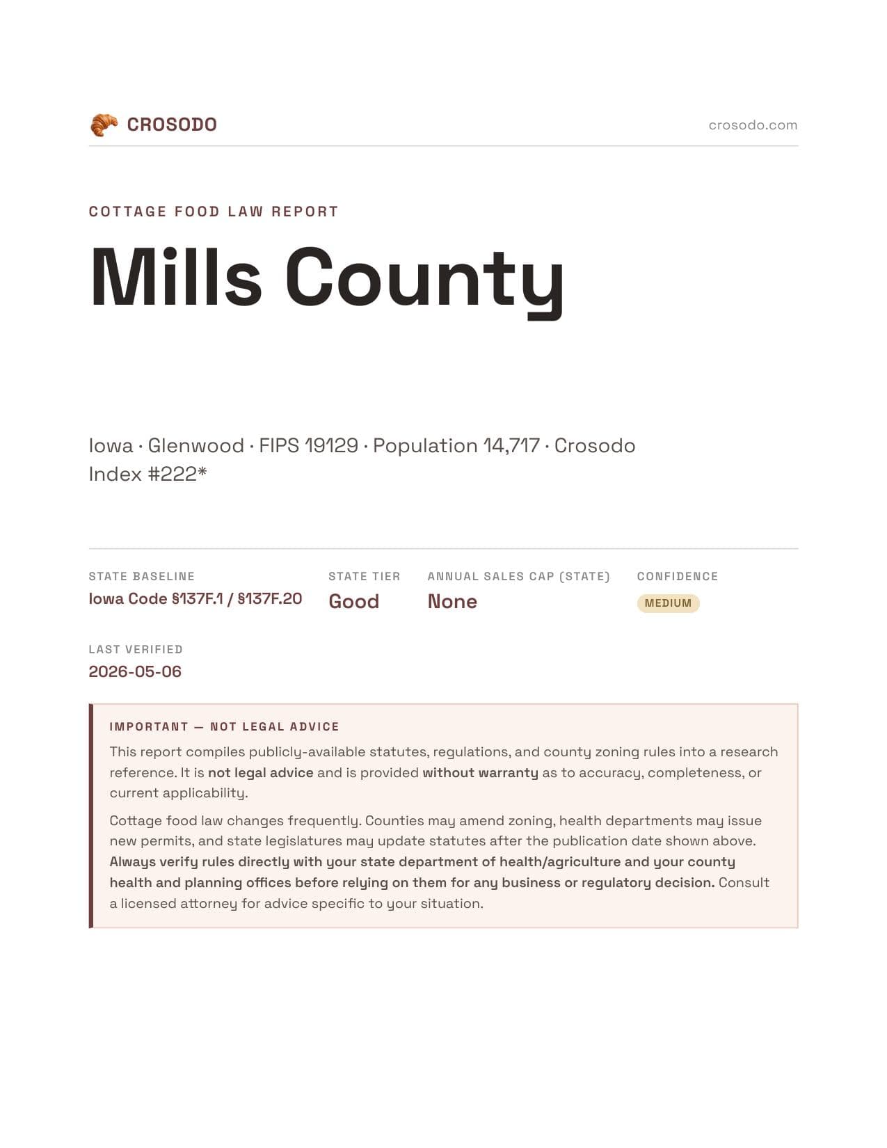 Cover of Mills County, Iowa cottage food report