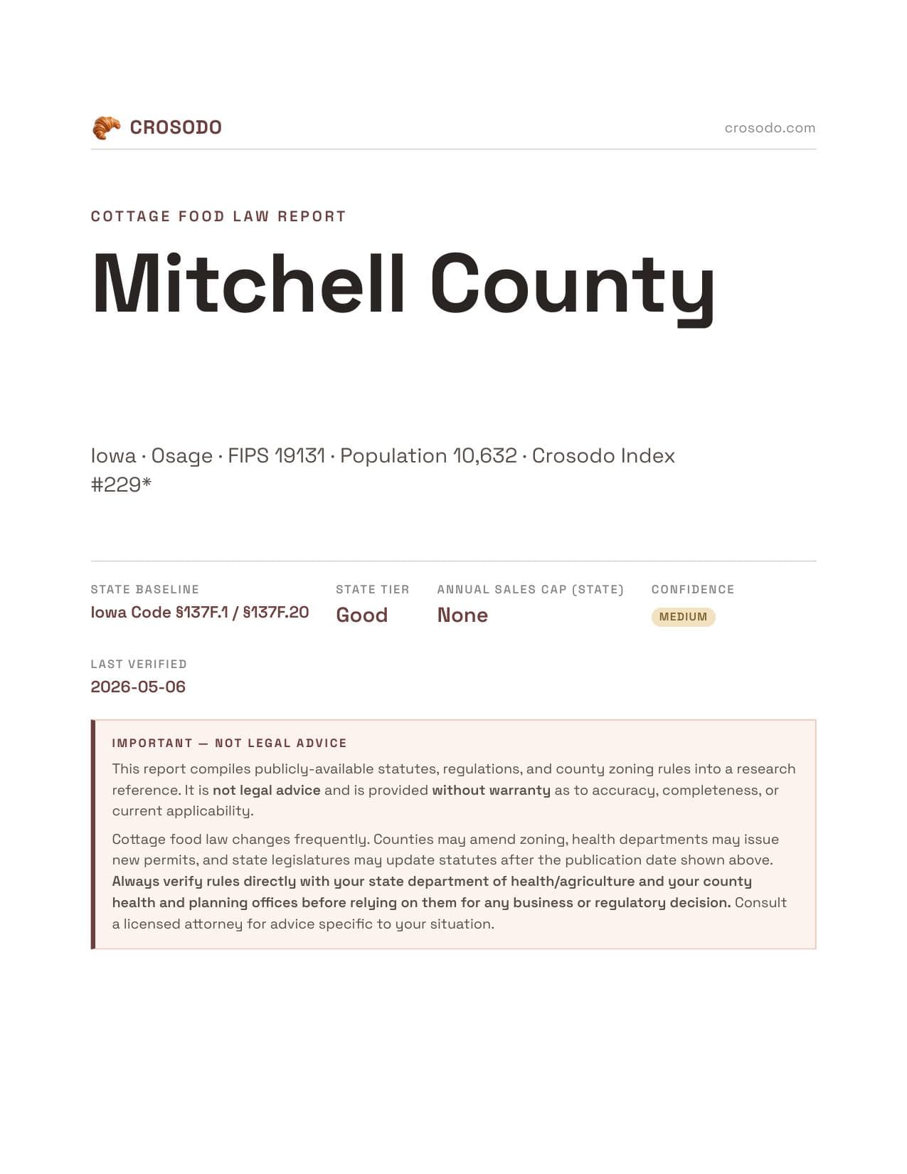 Cover of Mitchell County, Iowa cottage food report