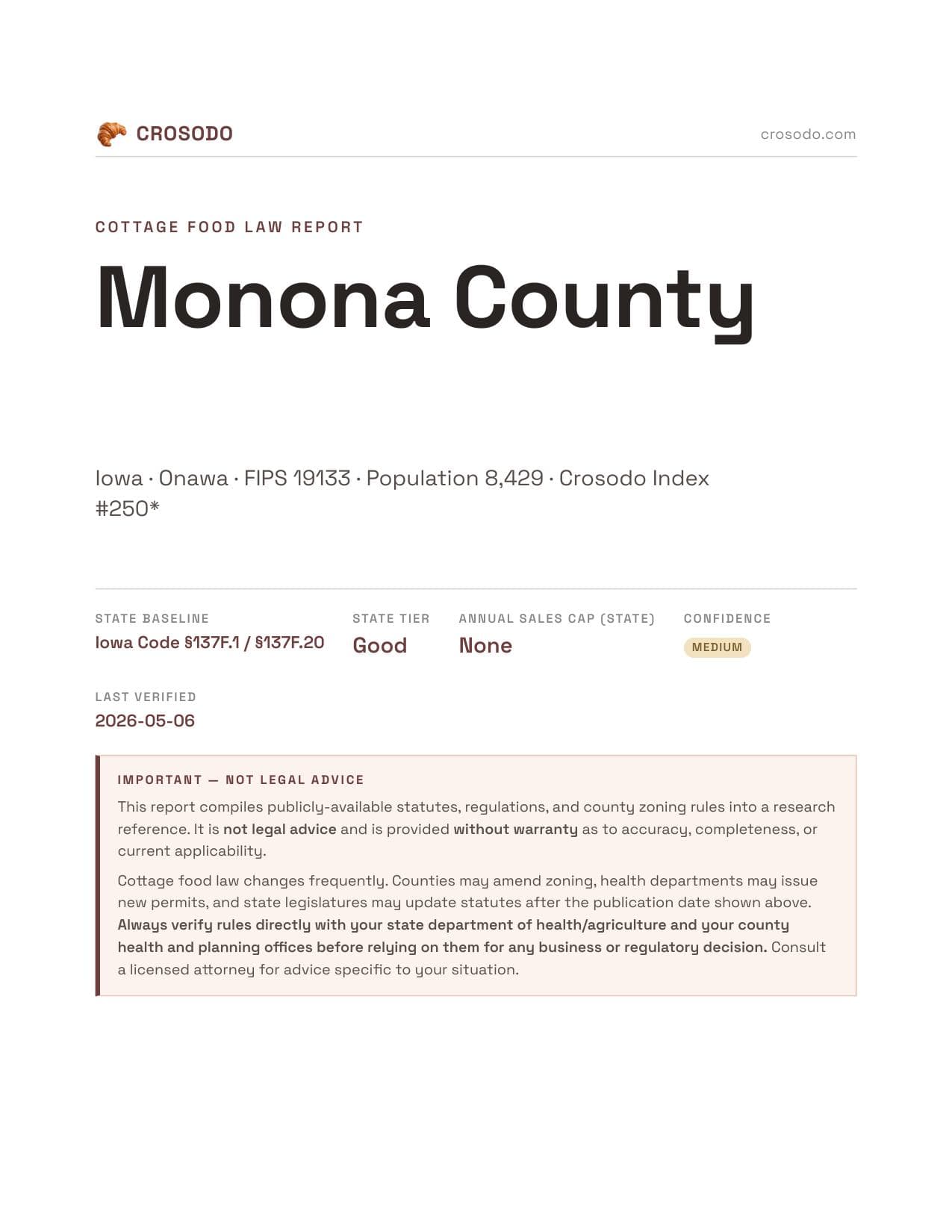 Cover of Monona County county cottage food report