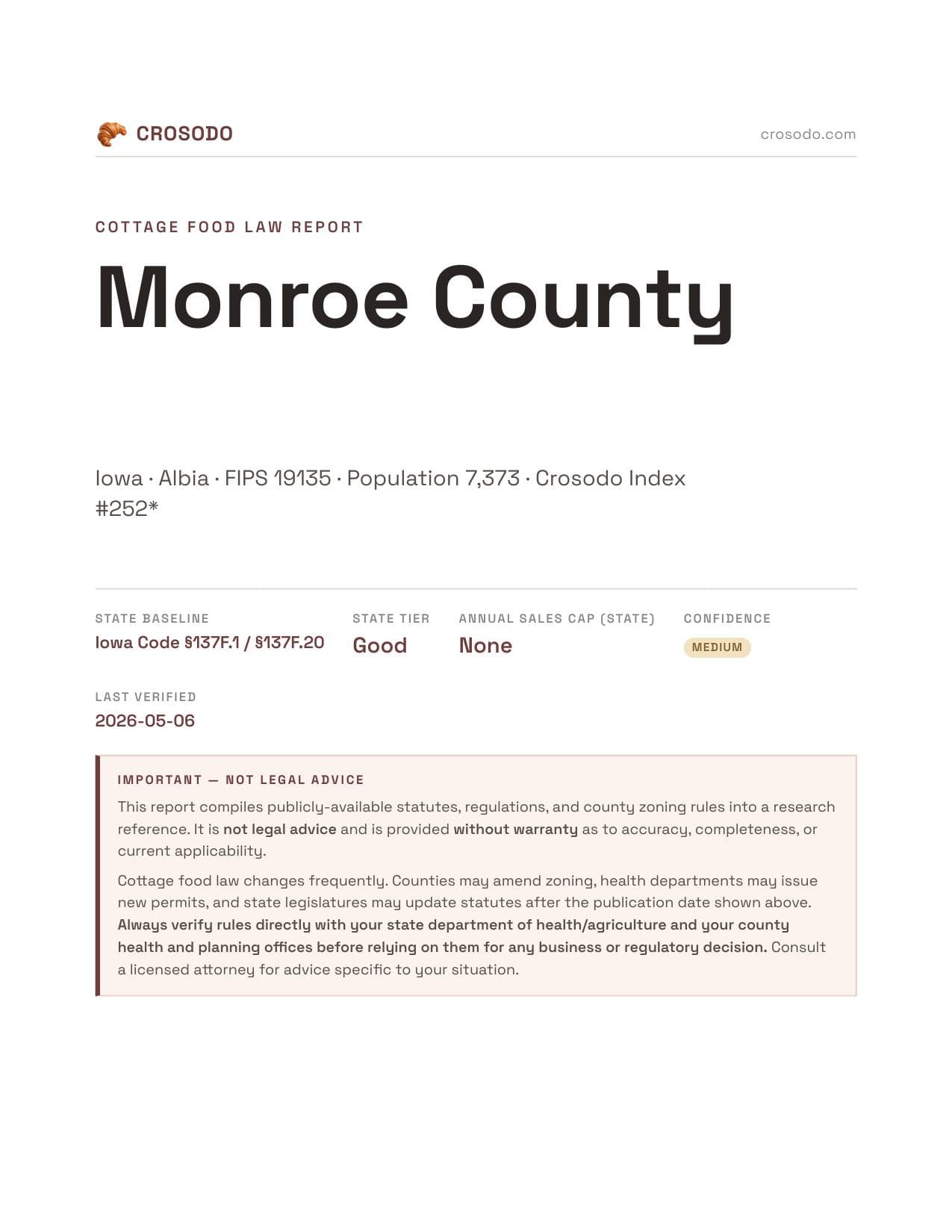 Cover of Monroe County county cottage food report