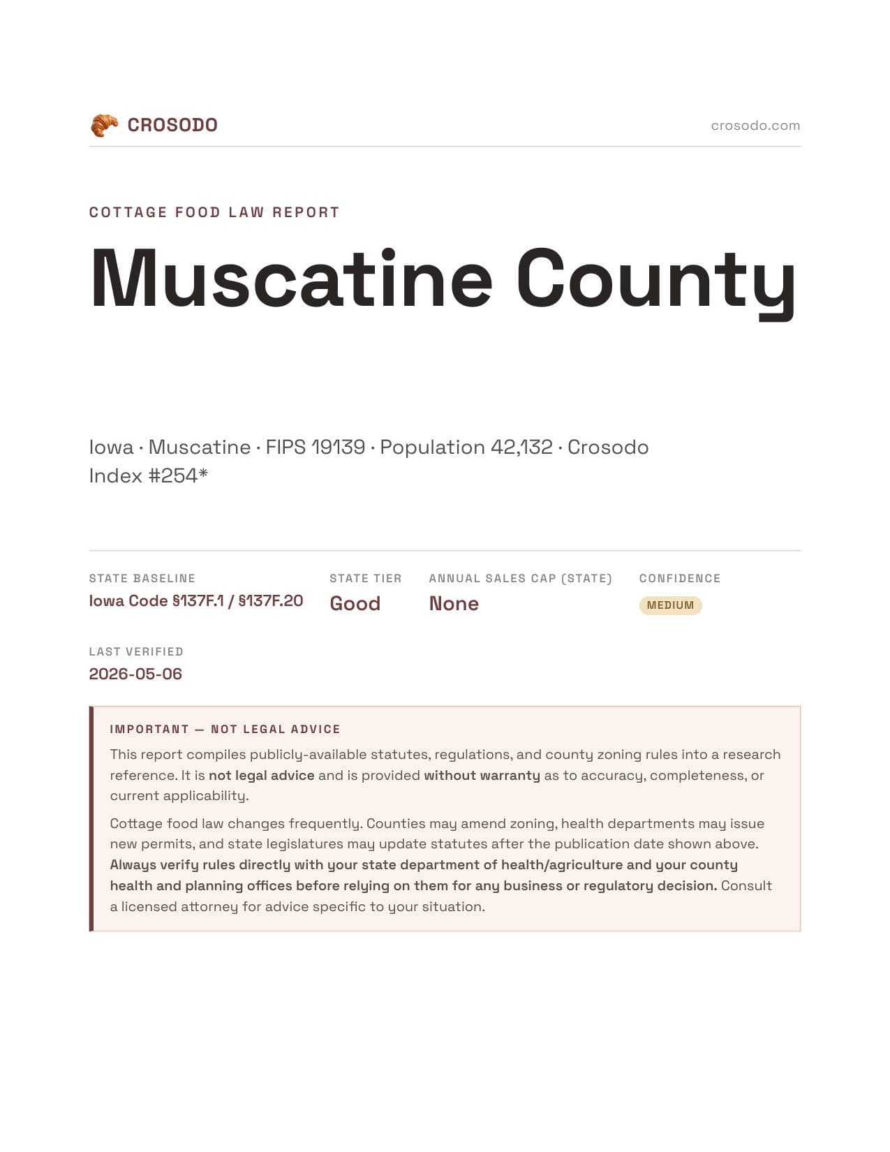 Cover of Muscatine County, Iowa cottage food report