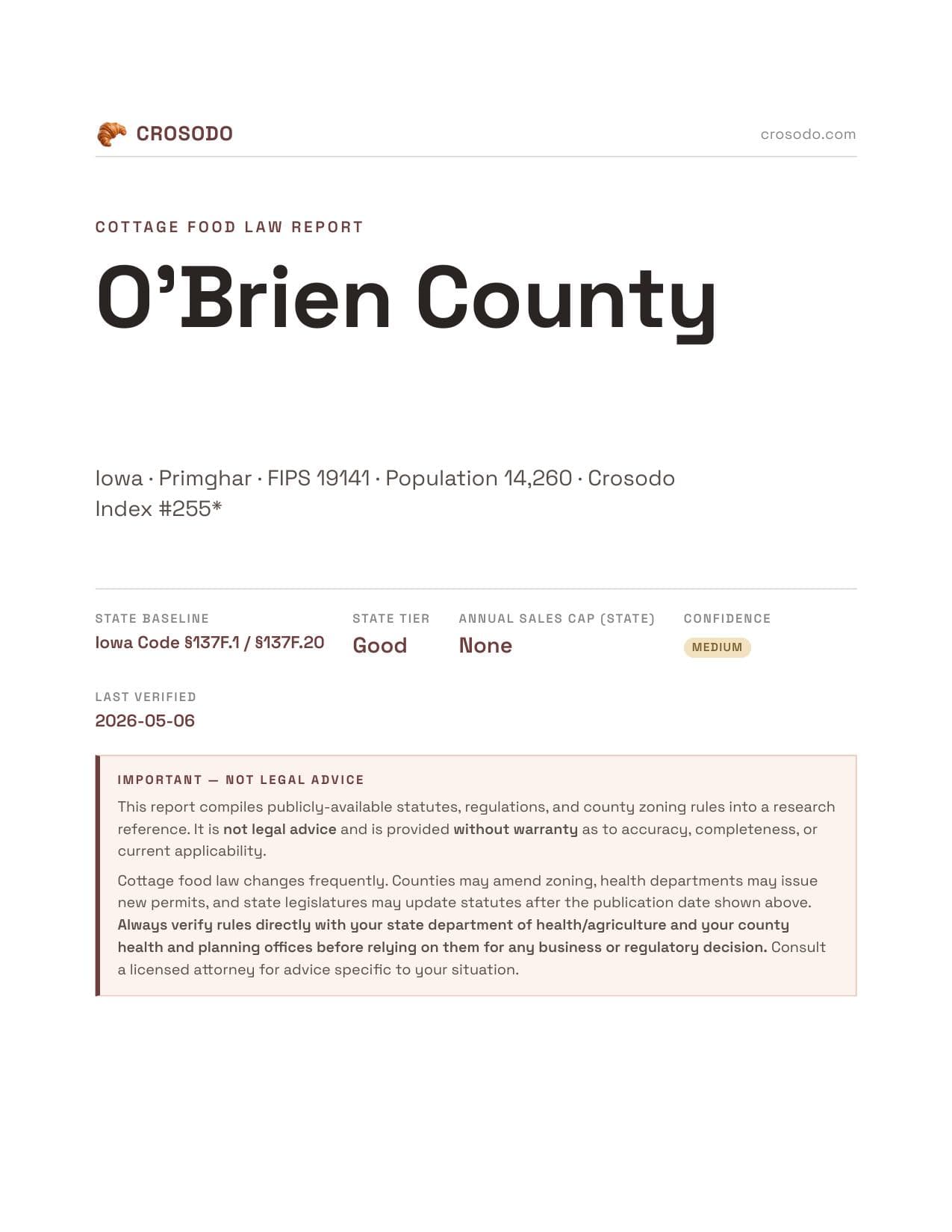 Cover of O'Brien County county cottage food report