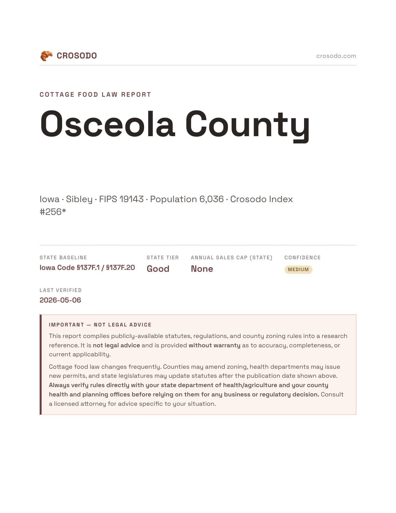 Cover of Osceola County county cottage food report