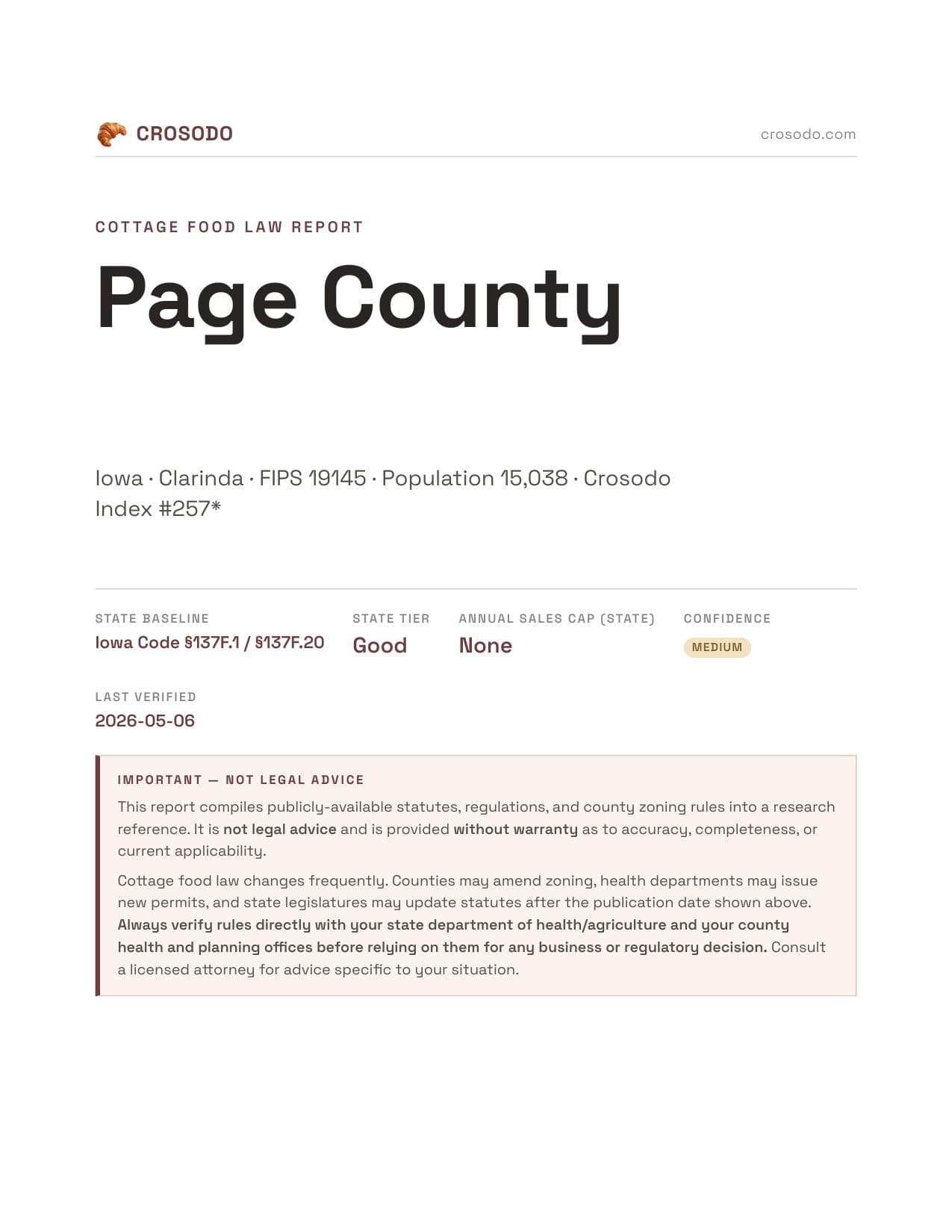 Cover of Page County county cottage food report