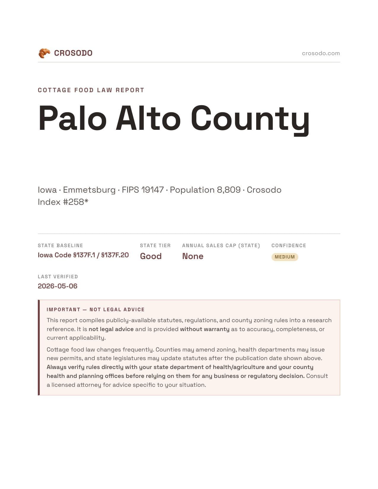 Cover of Palo Alto County county cottage food report