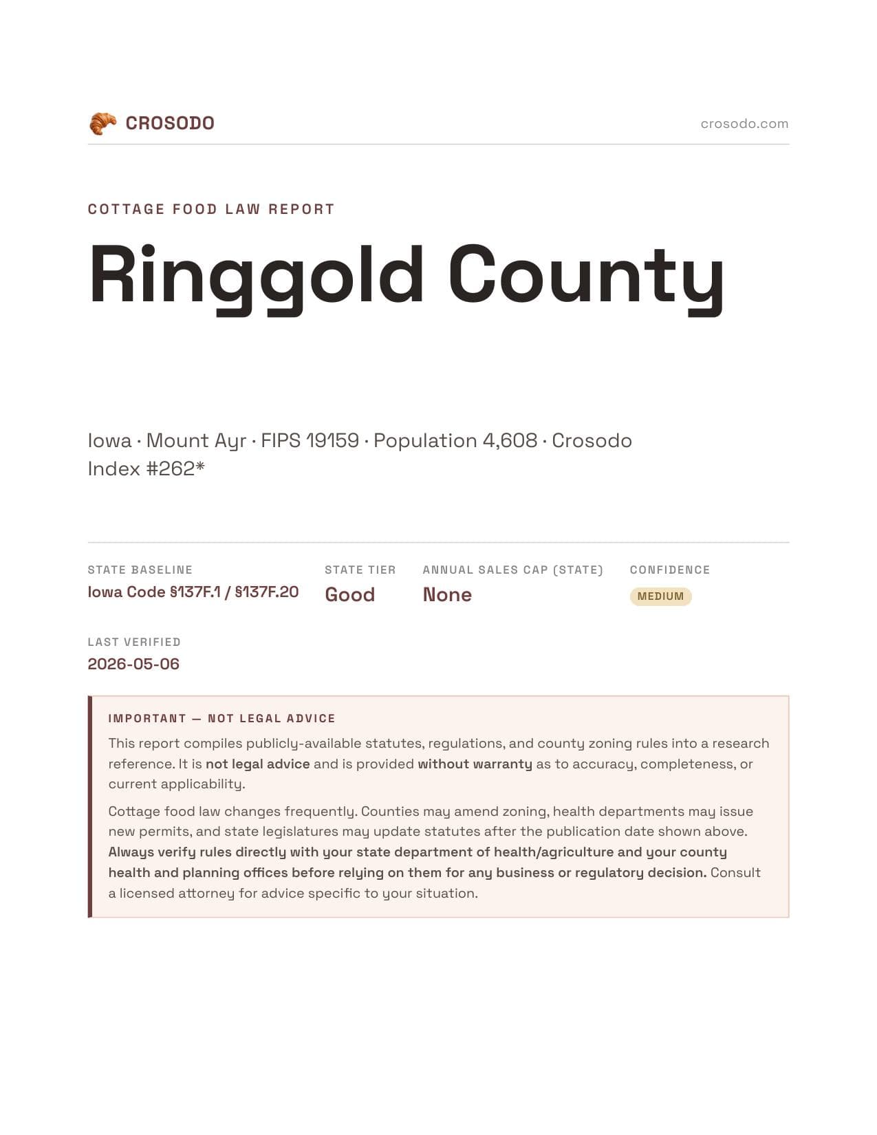 Cover of Ringgold County, Iowa cottage food report