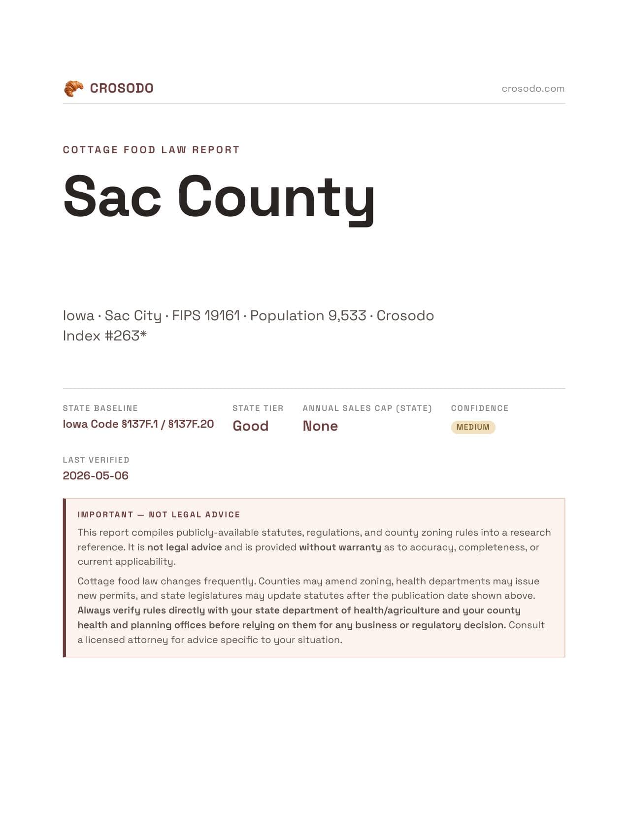 Cover of Sac County county cottage food report