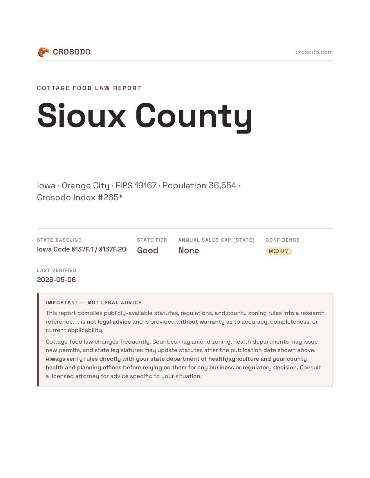 Cover of Sioux County county cottage food report