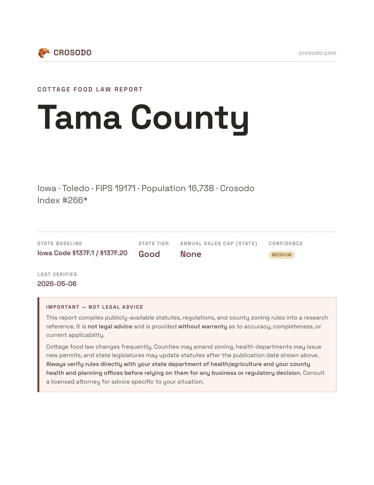 Cover of Tama County county cottage food report