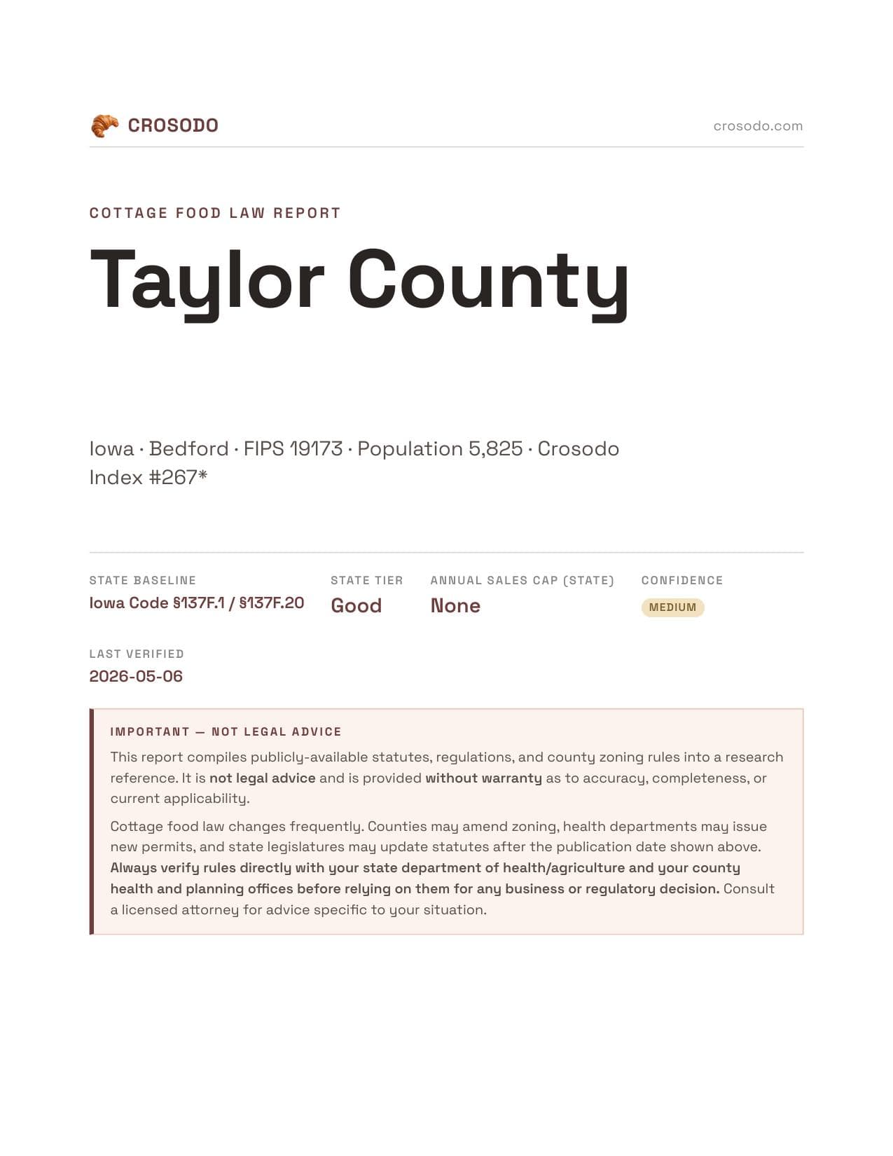 Cover of Taylor County county cottage food report
