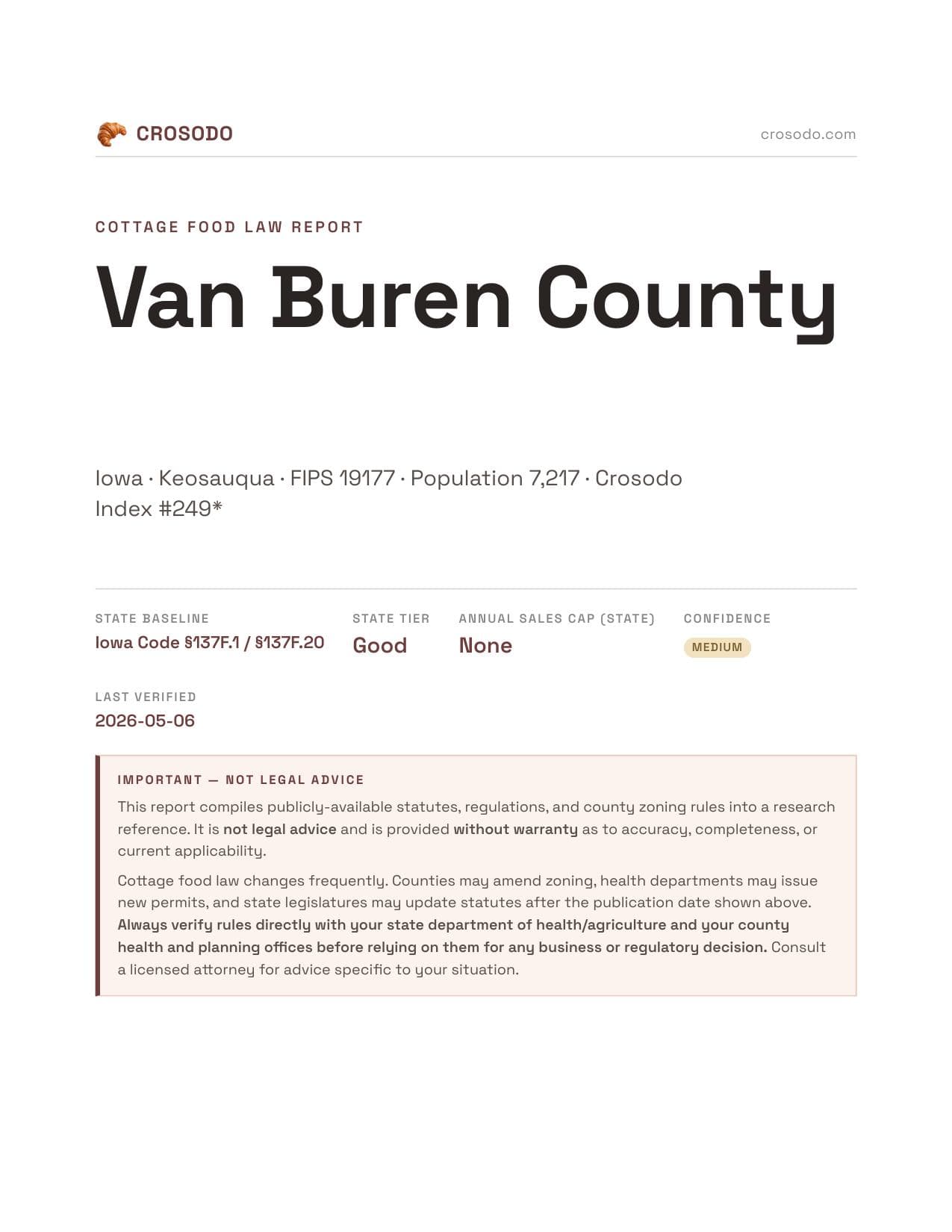 Cover of Van Buren County county cottage food report