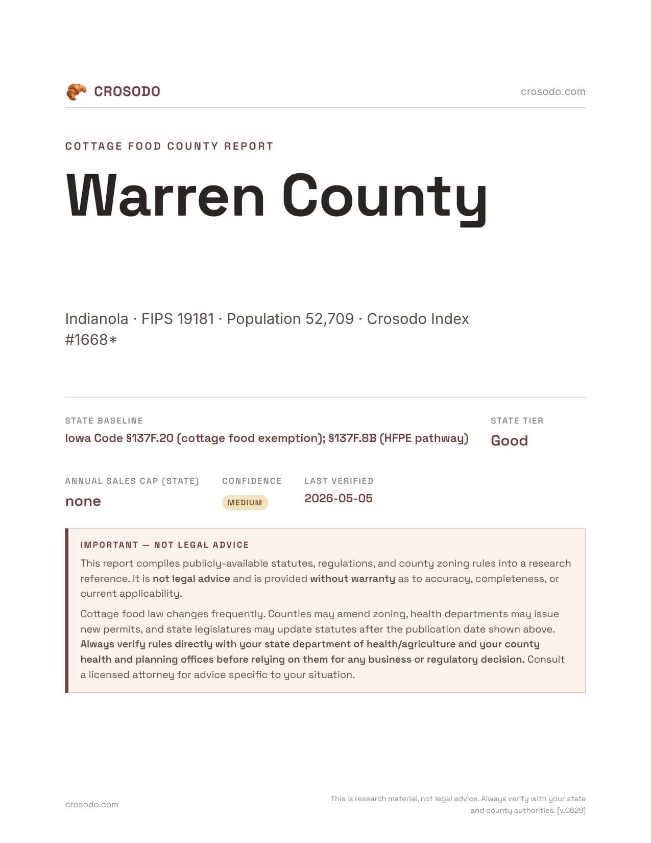 Cover of Warren County county cottage food report
