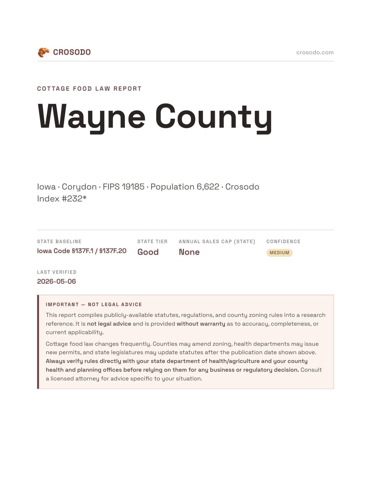 Cover of Wayne County, Iowa cottage food report